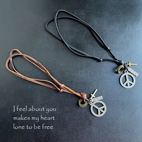 ピースマーク】ネックレス／レザー&メタル ネックレス エスニック