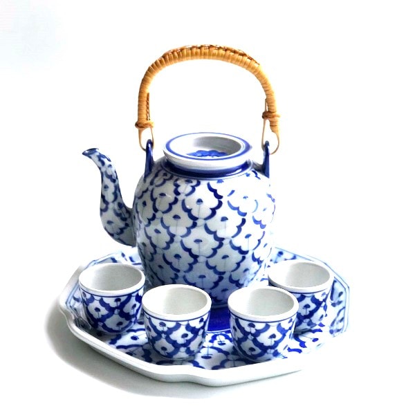 ブルー＆ホワイト 茶器6点セット／タイの染付食器／手描きのアジアの