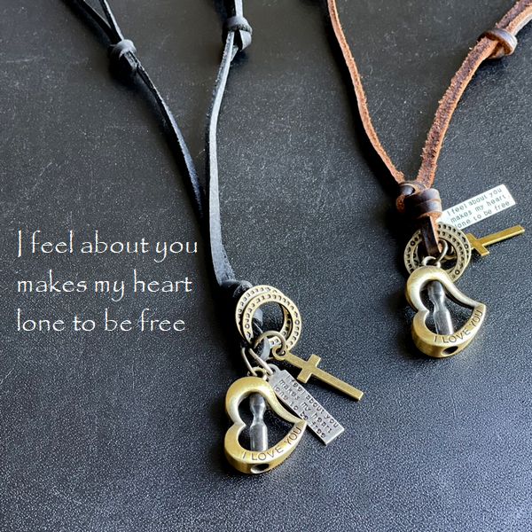 ハート＆砂時計】ネックレス／レザー&メタル メンズネックレス