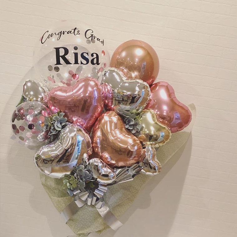 卒業用お祝いバルーン花束[ボリュームピンク]名前入りコンフェッティ