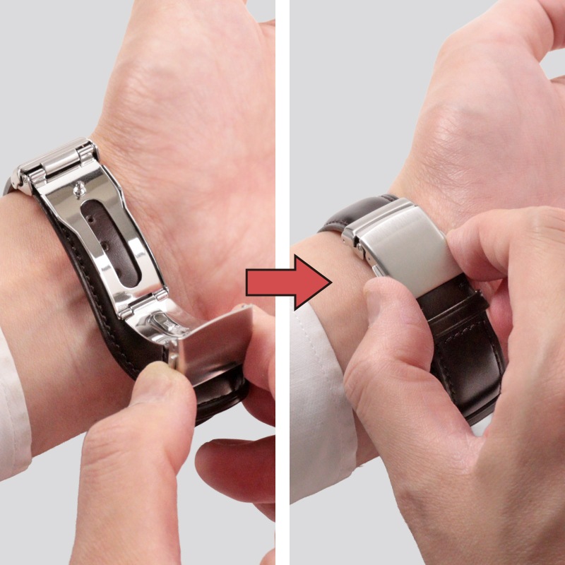 バックル 三折れプッシュ式 ステンレススチール ゴールド | レザー