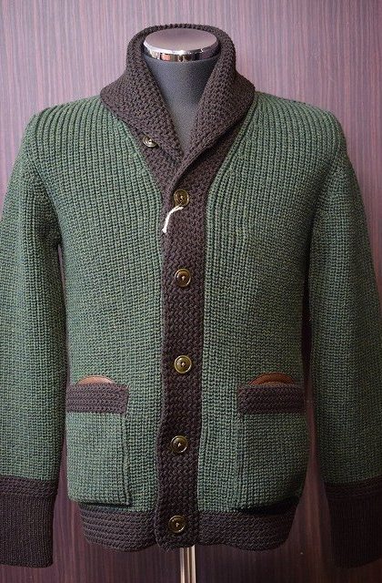 コリンボ ショールカラーニット COLIMBO ZR-0810 S.B.SWEATER グリーン×ブラウン