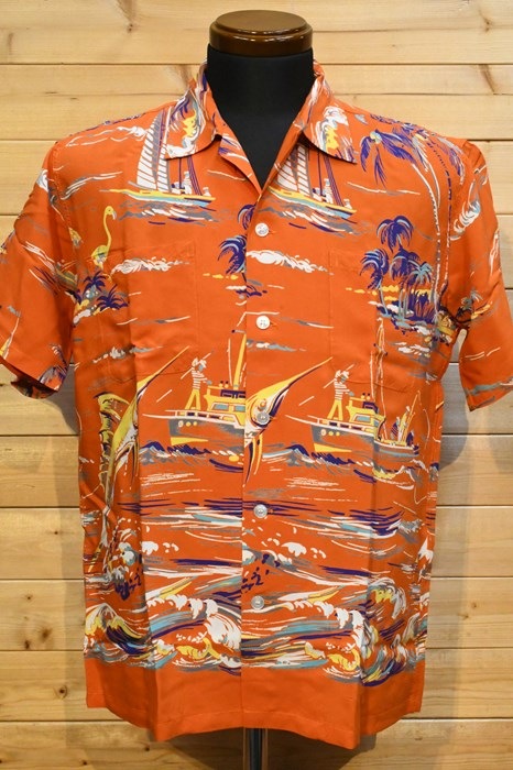 デューク カハナモク DUKE KAHANAMOKU アロハシャツ DK39040 SPECIAL EDITION FISHING BOAT (SHORT SLEEVE) ORANGE  オレンジ