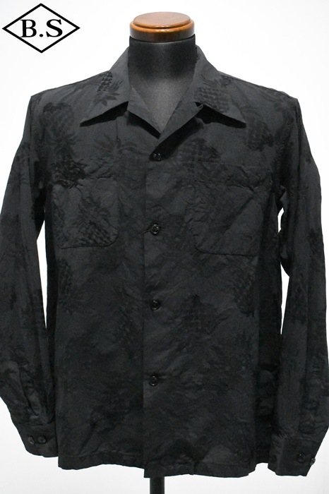クッシュマン CUSHMAN 長袖シャツ 25616 PINEAPPLE JACQUARD OPEN COLLAR SHIRTS BLACK