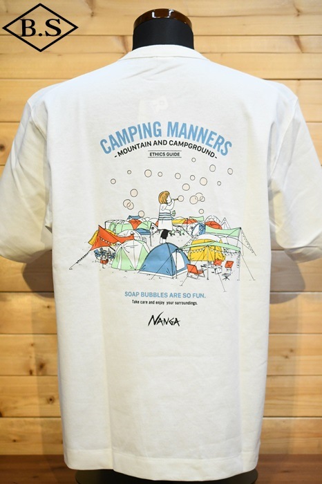 【SALE 20%off】ナンガ NANGA Tシャツ ECO HYBRID CAMPING MANNERS SOAP BUBBLES TEE(UNISEX) / エコハイブリッド キャンピングマナーズ ソープバブルズティー WHT