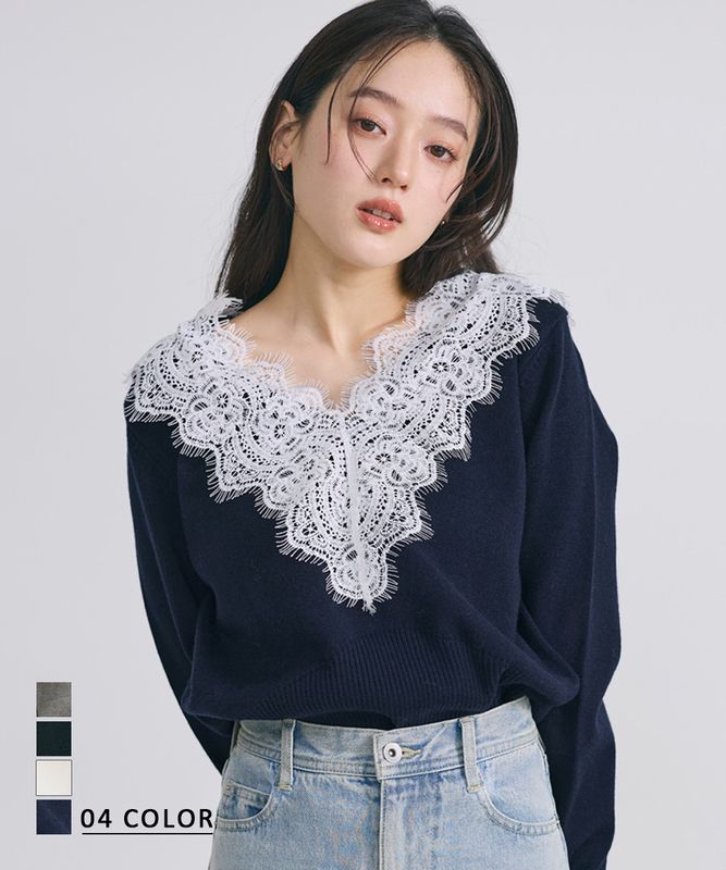 Vネックレースニット【宅配便】