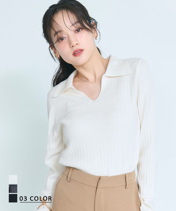 襟付きVネックリブニット【宅配便】