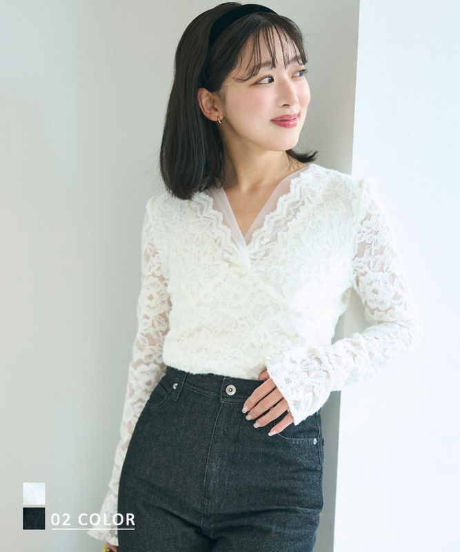 Vネック総レースフレアトップス【宅配便】
