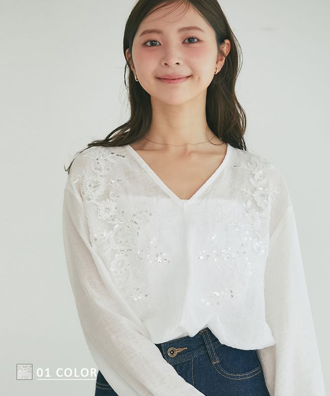 Vネック刺繍ブラウス【宅配便】