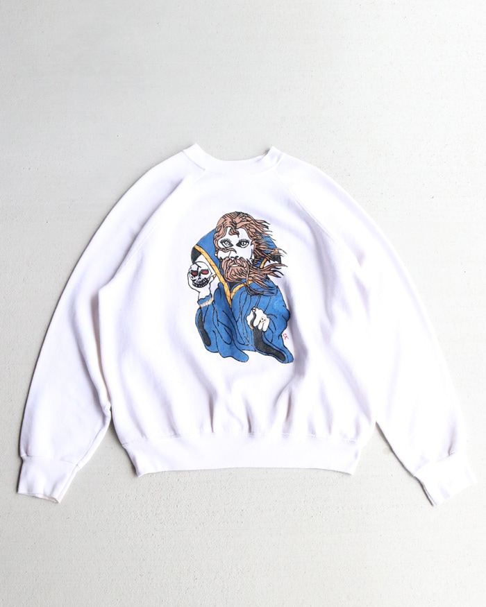 Vintage 90s White TULTEX Wizard Print Crewneck (L)