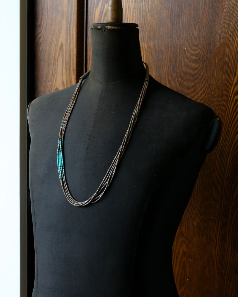 c.1930s-1950s Native American Multi-Strand Brown Heishi & Turquoise Necklace with Silver Tubes|1930年-1950年代頃 ネイティブアメリカン マルチストランド ブラウンヘイシ&ターコイズネックレス with シルバーチューブ