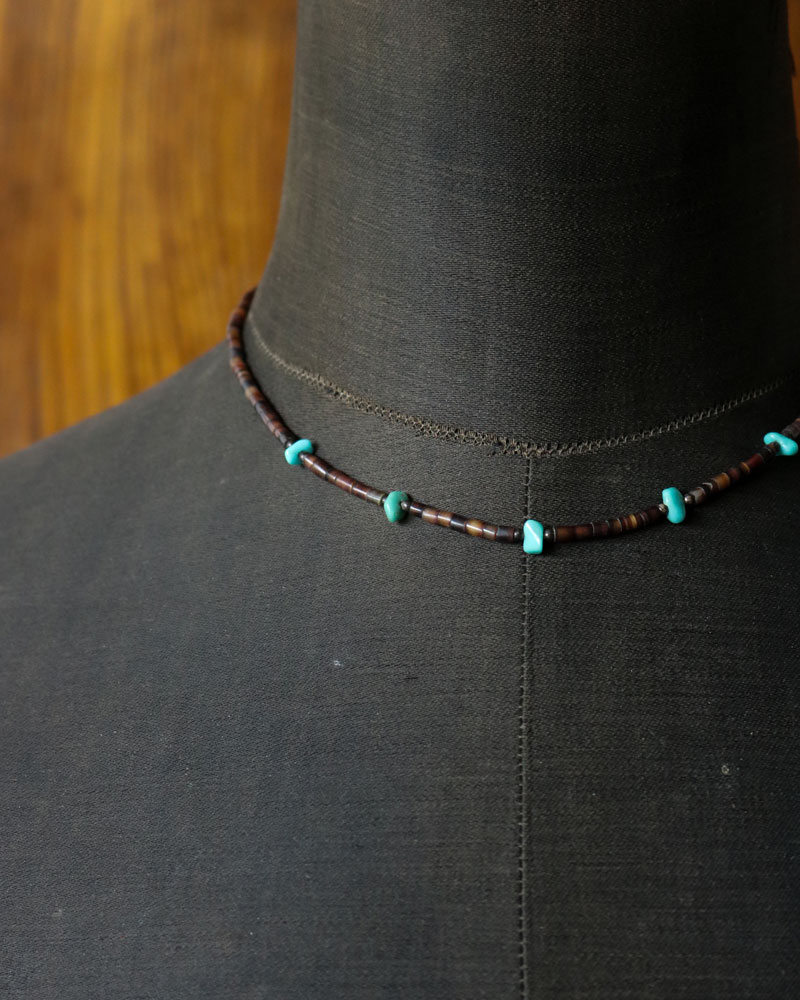 c.1970s Brown Shell Heishi Beads Necklace with Turquoise｜1970年代