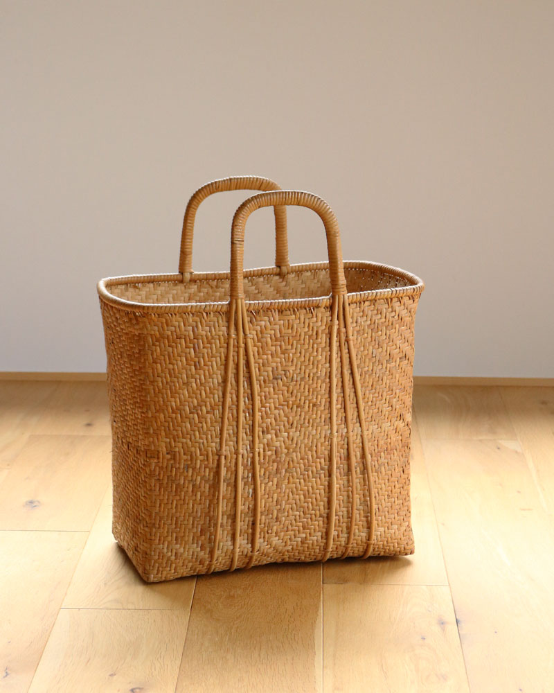 折りたたみ式 竹製バスケット　Traditional Bamboo Basket c.1960s Japanese Bamboo Shopping Basket｜1960年代頃 日本製 竹編み