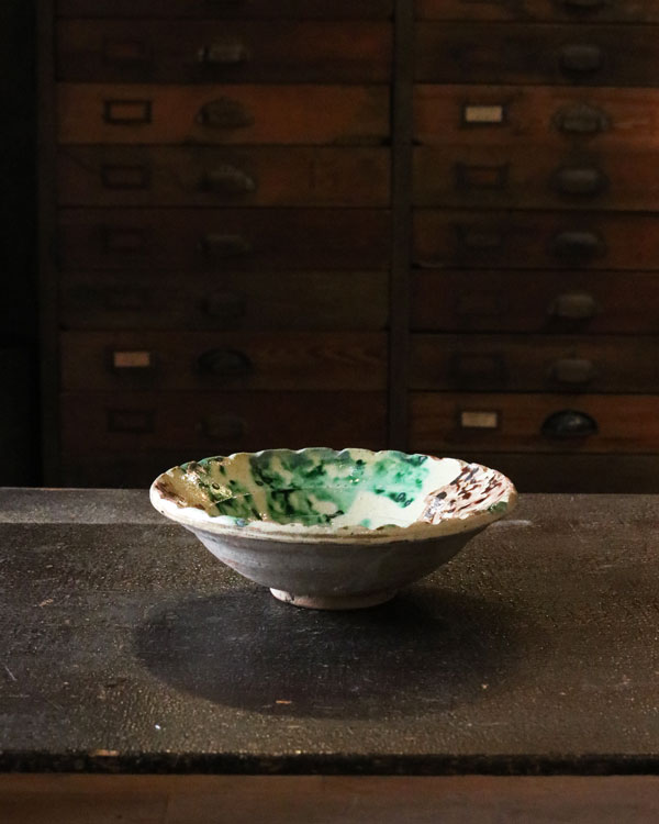 アフガン、カブール製 飾り深鉢 緑、黄土色、青の三色 Afgan Old Bowl N｜アフガン 古鉢 N