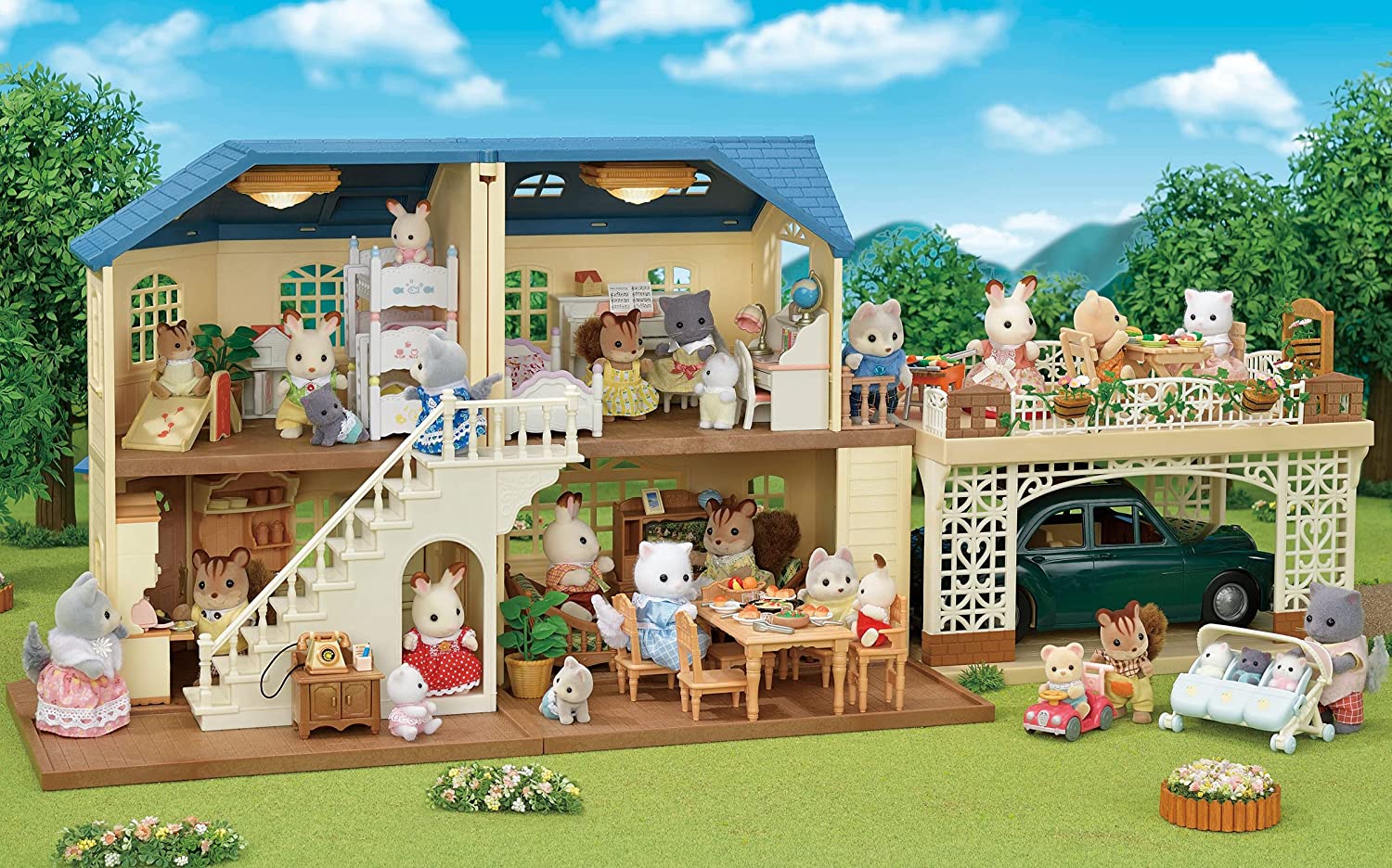 シルバニアファミリー お家 カーポートのある青い屋根のお家