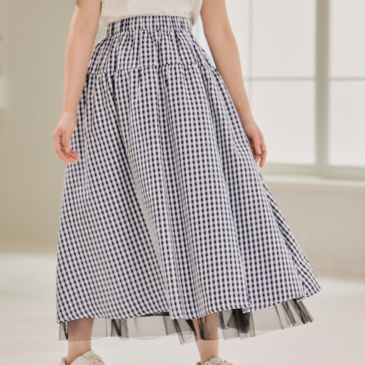 【ネコポス可】チュール切替ギンガムチェックロングスカート【マタニティ服／産前産後】