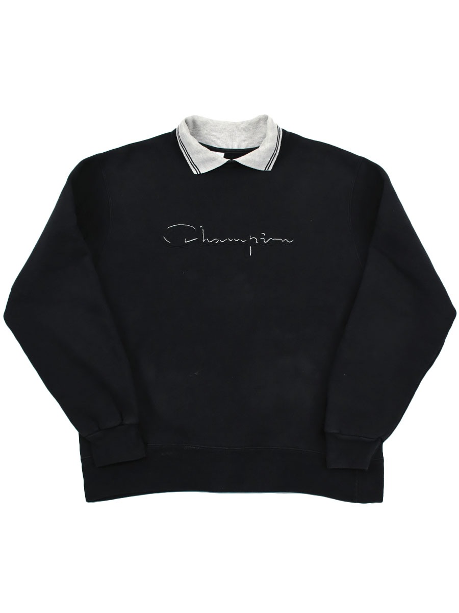 90's チャンピオン スクリプトロゴ 襟付きレイヤードスウェット 表記(XL) 黒
