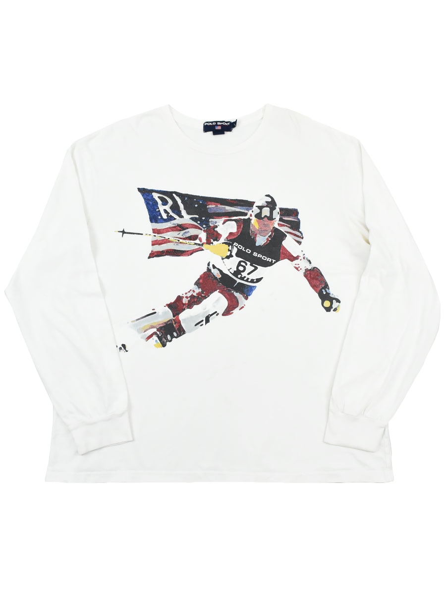 90's POLO SPORT スキー&フラッグ ロングスリーブTシャツ 表記(XL) 白