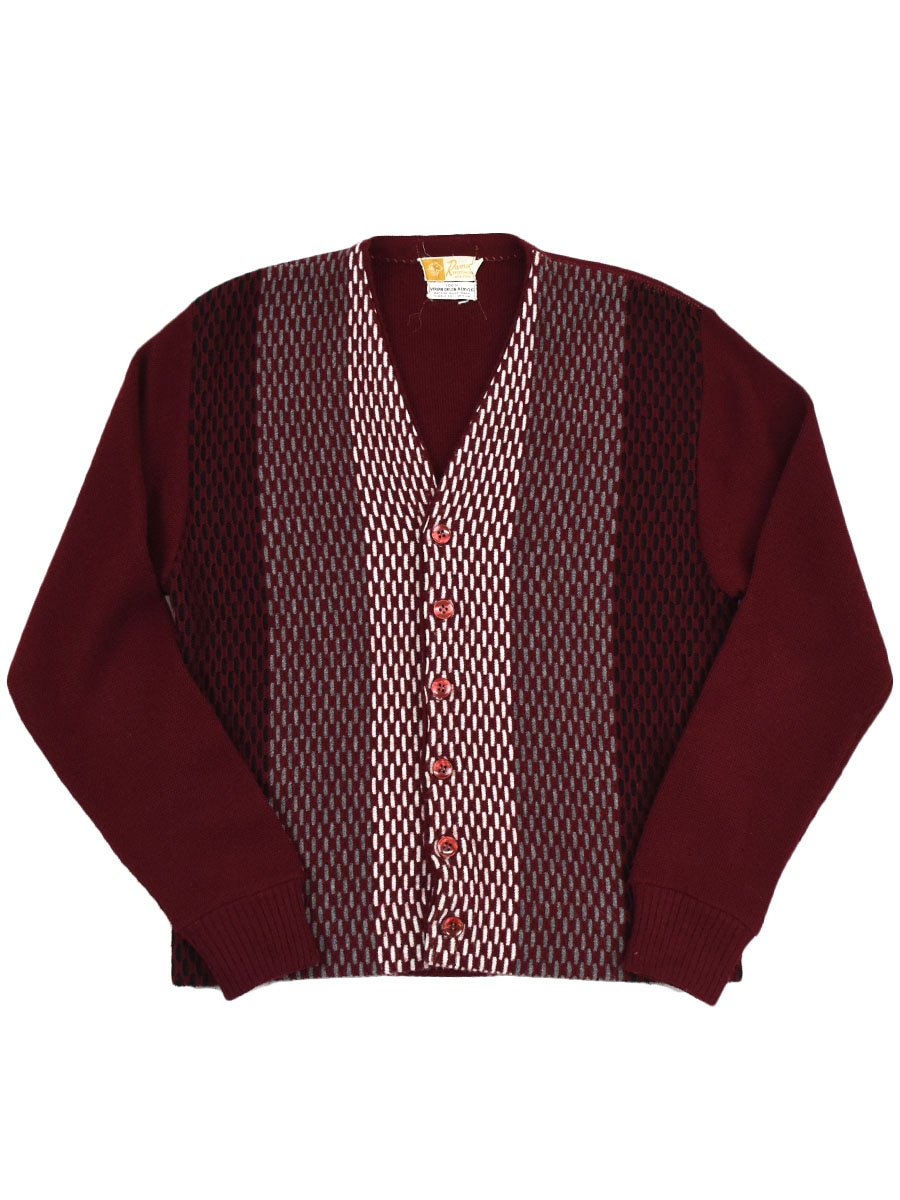 60's Ramco ドットライン デザイン柄 アクリルカーディガン バーガンディ 表記(M)