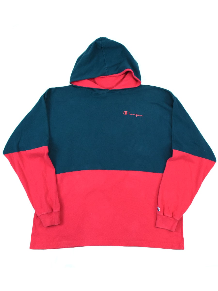 90's チャンピオン バイカラー カットソーフーディー表記(XL) USA製　ティール×ショッキングピンク
