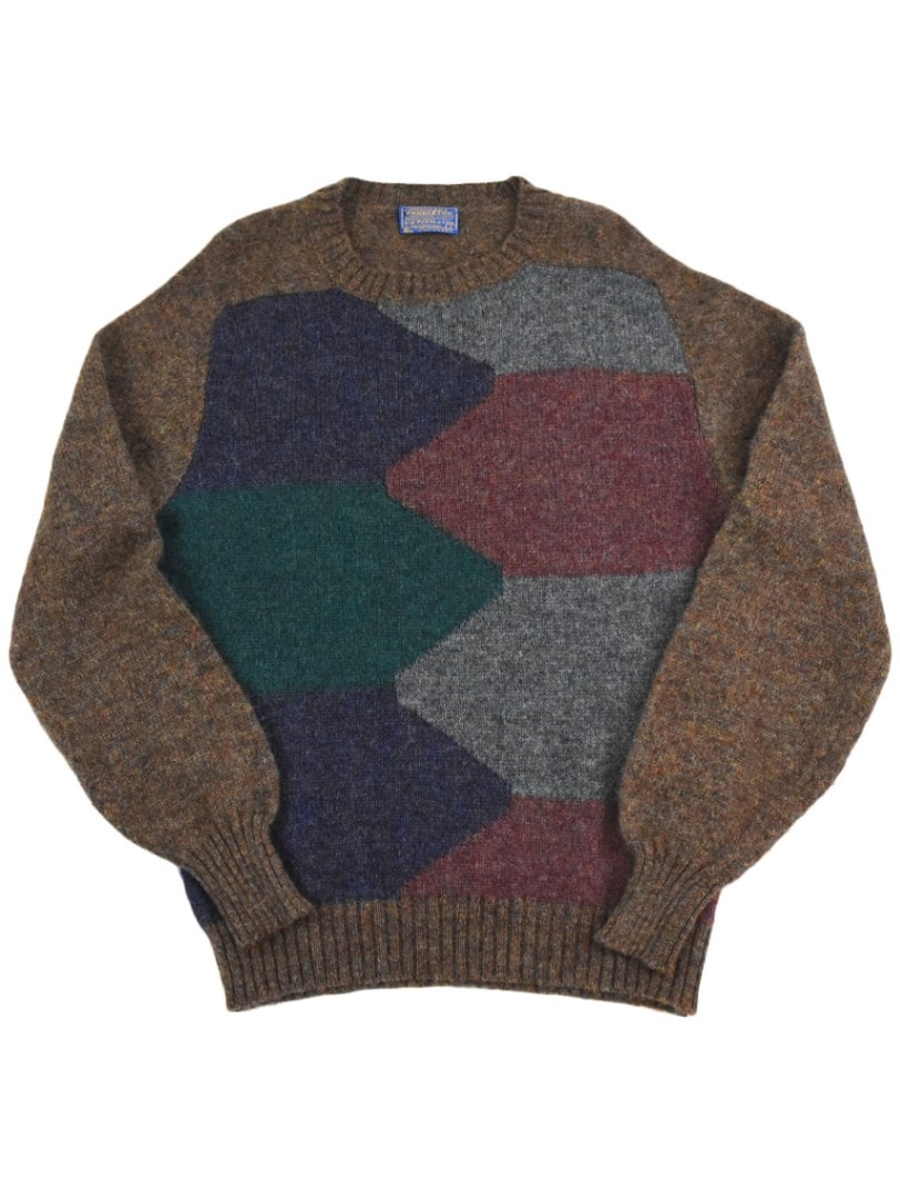 70's Pendleton パネル柄 クルーネック ウールセーター 表記(L)