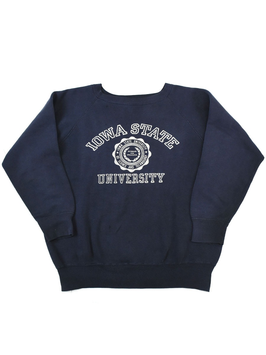 60's ''IOWA STATE UNIVERSITY'' 3段フロッキープリントスウェット 実寸(ML位) ナス紺