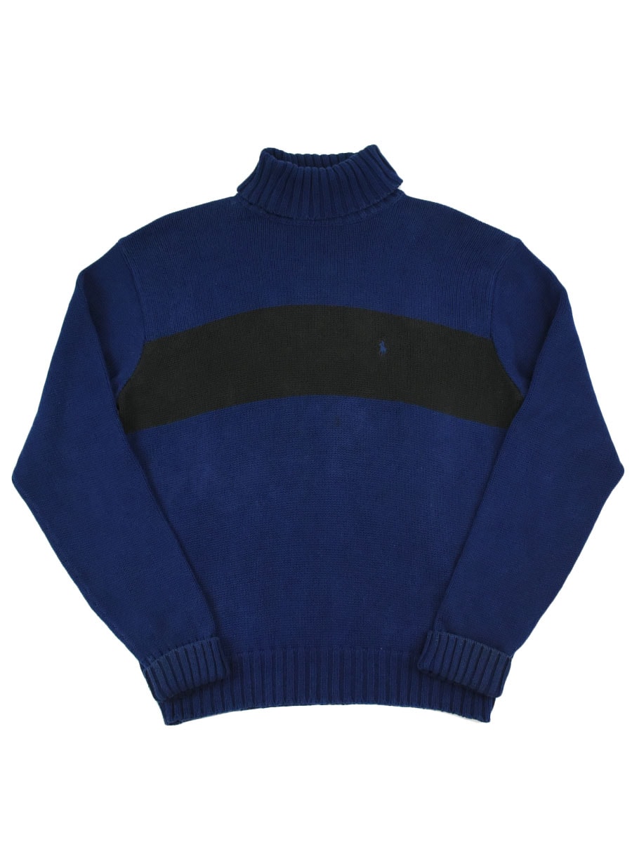 ラルフローレン ネイビーブルー×ブラック バイカラー タートルネックコットンニット 表記(M)