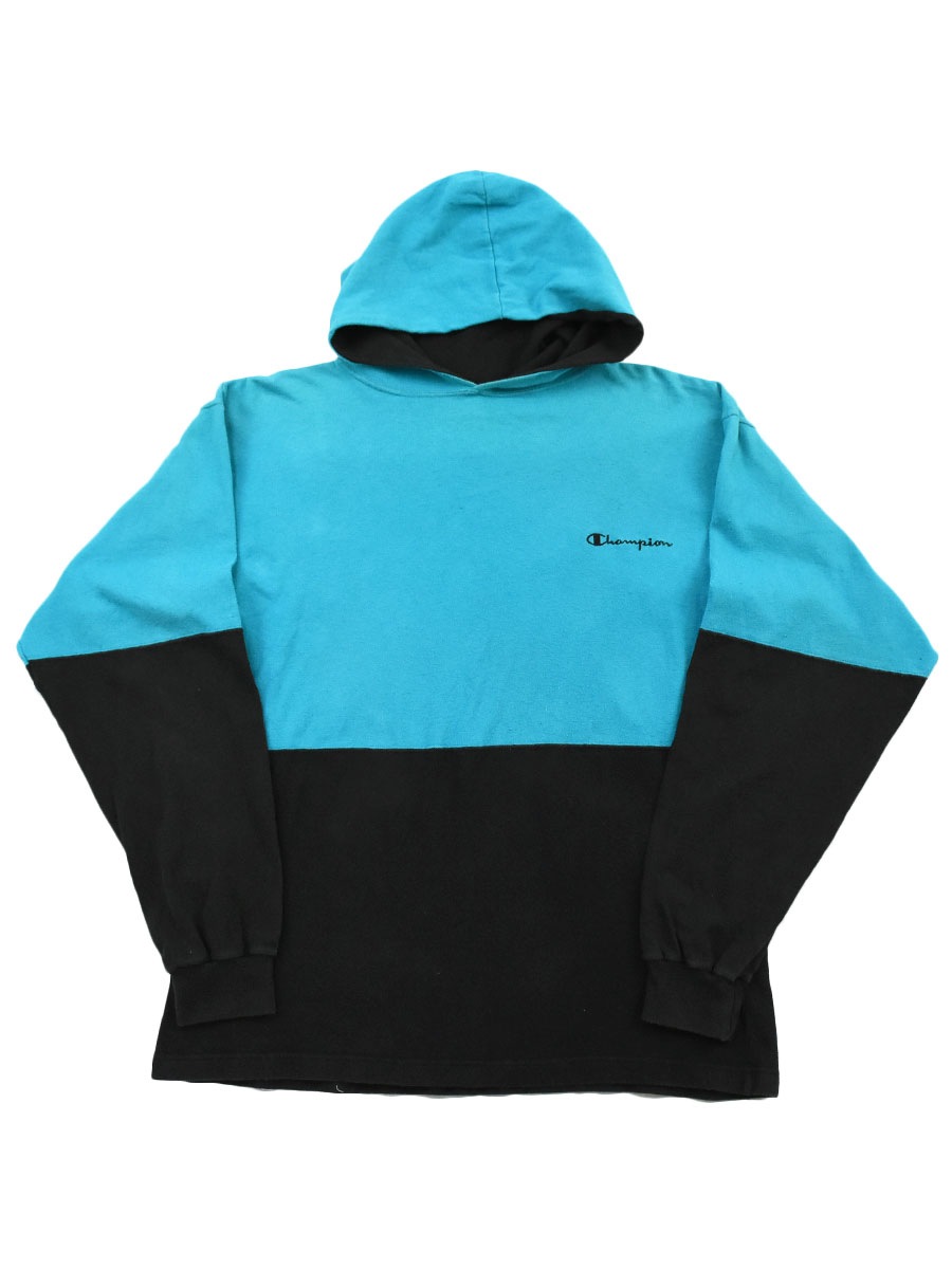 90's チャンピオン ロゴ刺繍 バイカラー カットソーフーディー 表記(L) USA製　ターコイズ×黒
