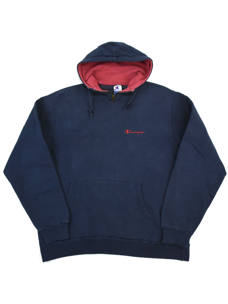 90's 青刺繍タグ チャンピオン ロゴ刺繍 ハーフジップパーカ 表記(XXL) USA製 ネイビー×エンジ
