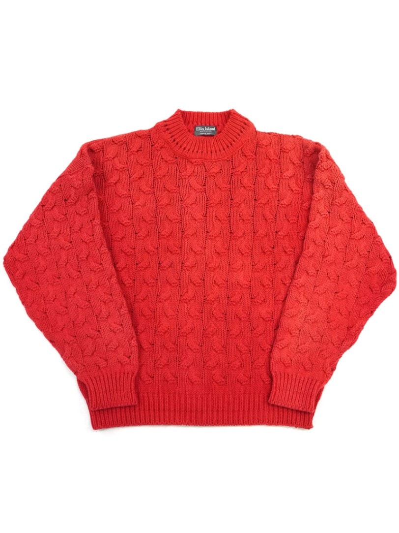 USA製 Ellis Island モックネック ケーブル編み コットンニット 赤 表記(L)