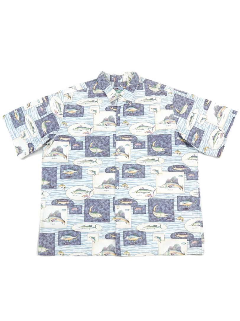 80's レインスプーナー ダイヤモンドヘッドタグ Fish柄 コットンハワイアンシャツ 実寸(XL位)