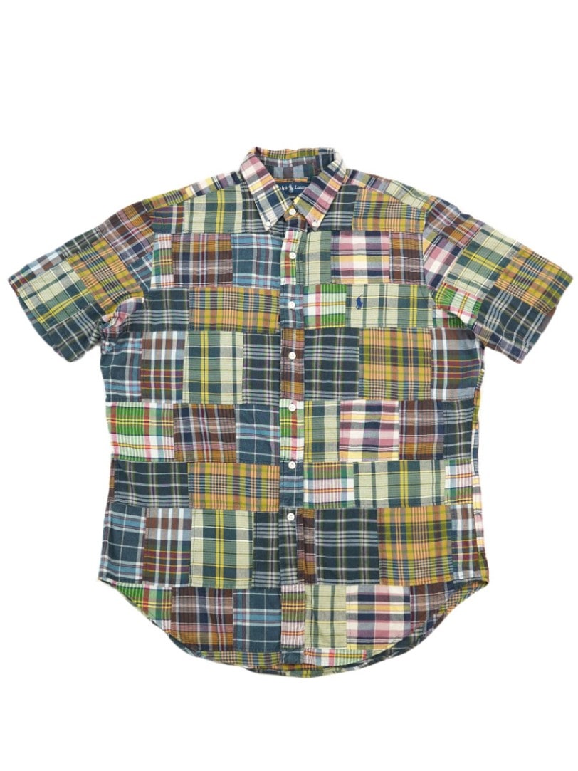 ラルフローレン インディアコットン パッチワーク 半袖ボタンダウンシャツ 表記(L)