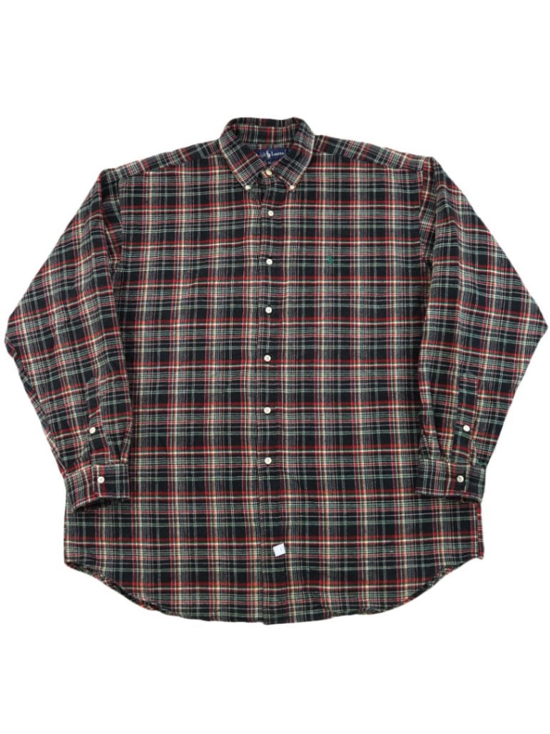 ラルフローレン 黒タータンチェック インディアコットン ボタンダウン BIG SHIRT 表記(L)