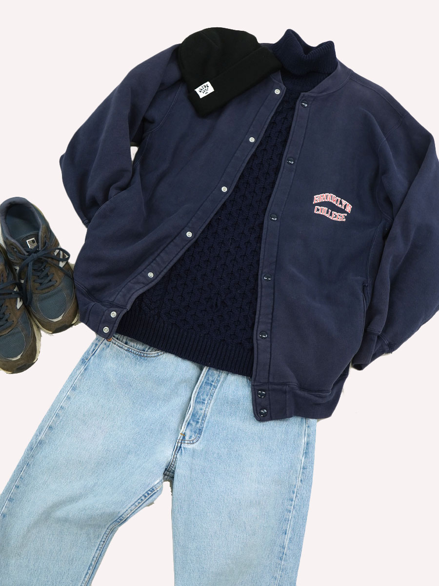 90's 刺繍タグ チャンピオンRW ''BROOKLYN'' フルスナップカーディガン ネイビー USA製 表記(XL)