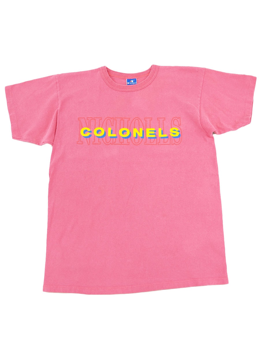 80's～ 青刺繍タグ チャンピオン ''COLONELS'' 100%コットンTシャツ 表記(L) USA製 ピンク