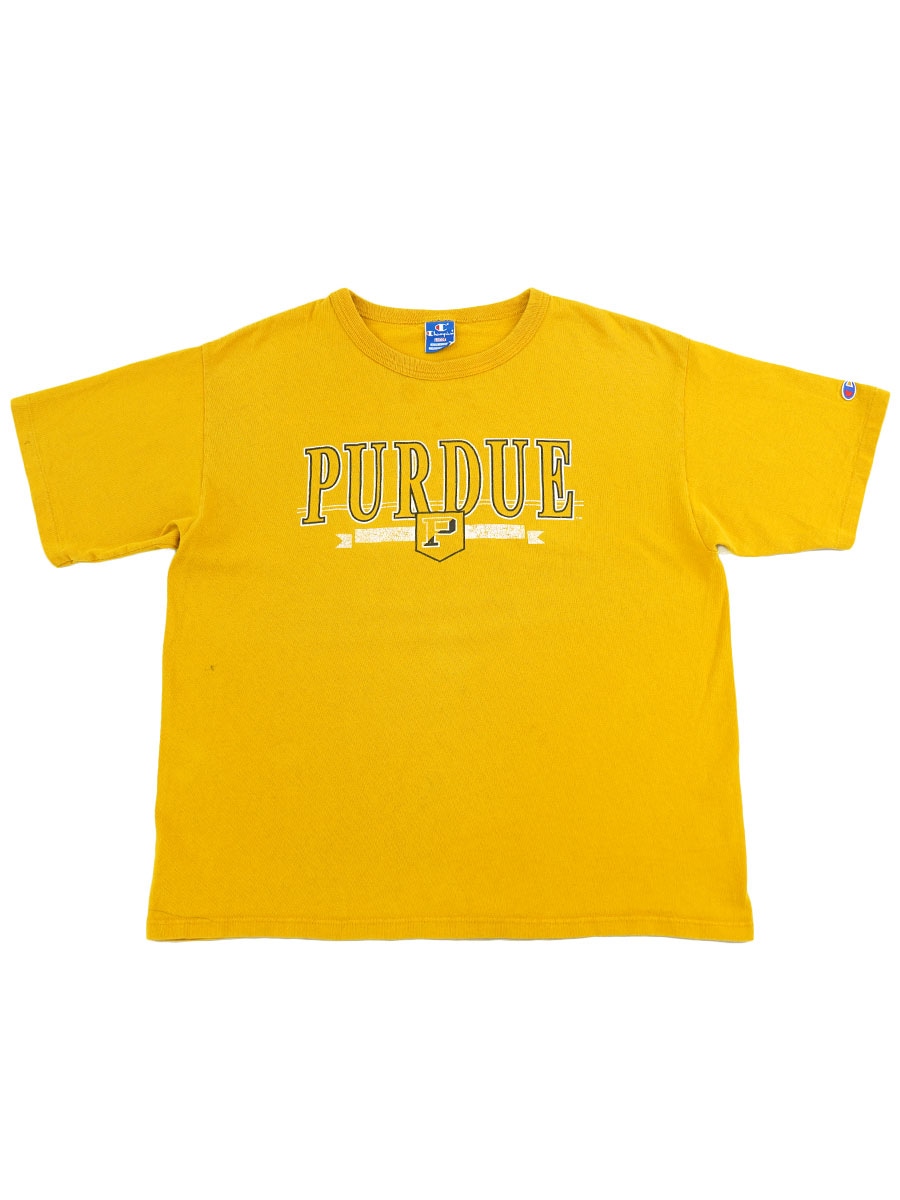 90's 青刺繍タグ チャンピオン ''PURDUE'' 100%コットンTシャツ カラシ 表記(L)