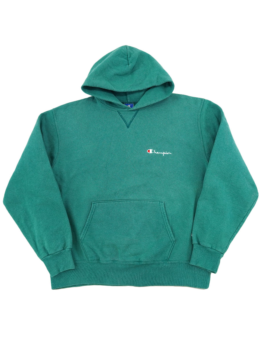 90's 青刺繍タグ チャンピオン 前V スウェットパーカ 表記(XL) USA製 レアカラー シーグリーン