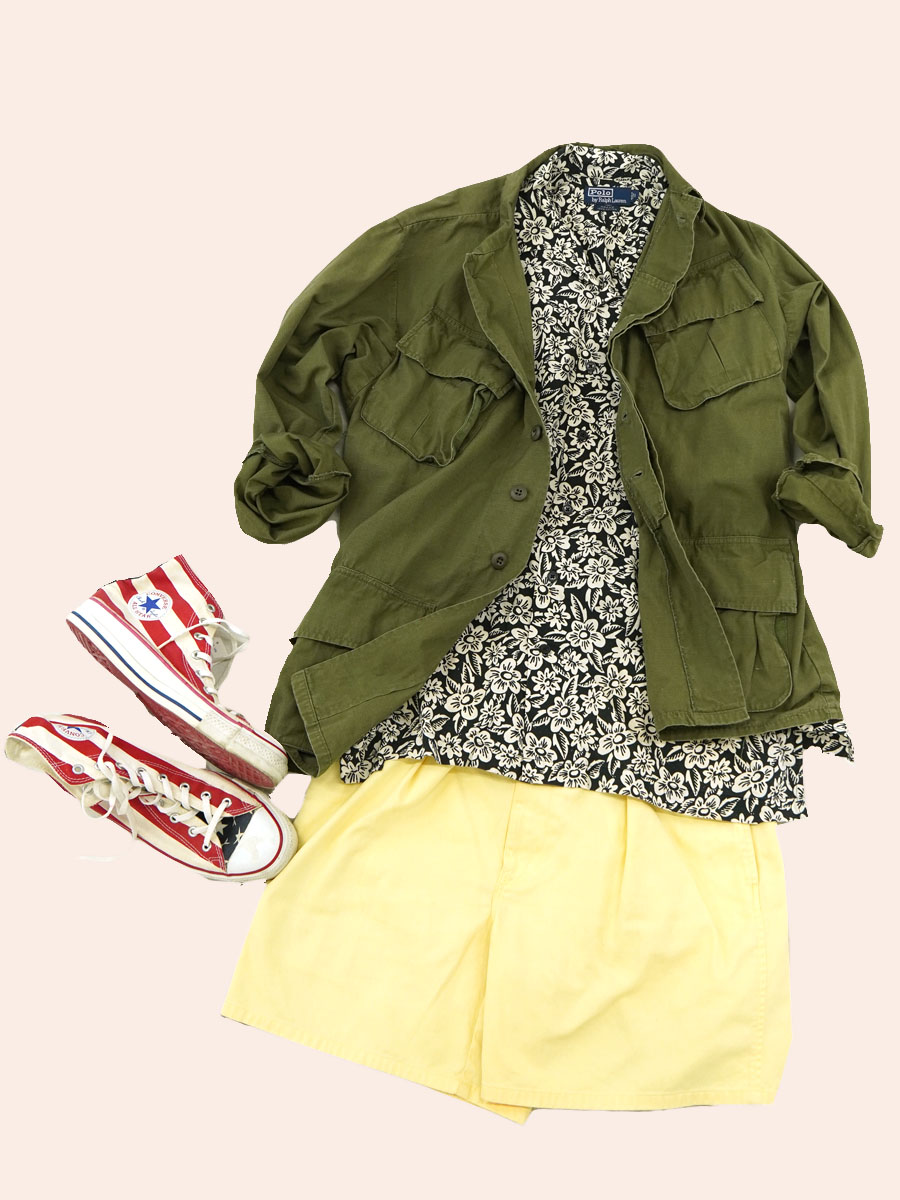 ラルフローレン ADAMS 100%コットン フラワーパターン ループカラー半袖シャツ 表記(L) 黒白