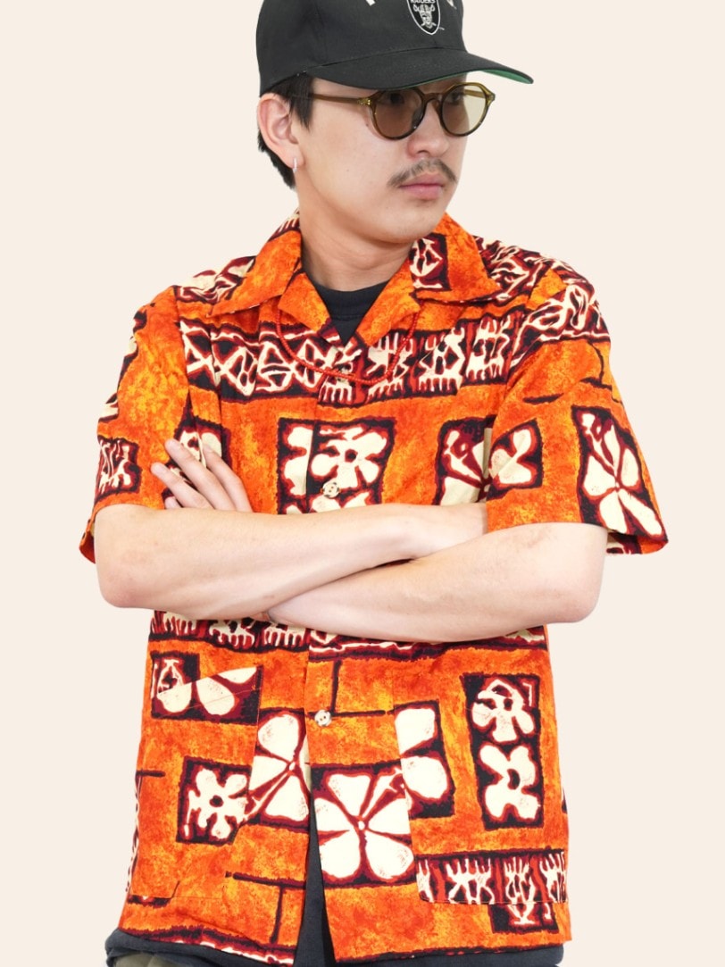 70's Ui-Maikai ポリネシアン柄 コットンハワイアンシャツ オレンジ 表記(M)