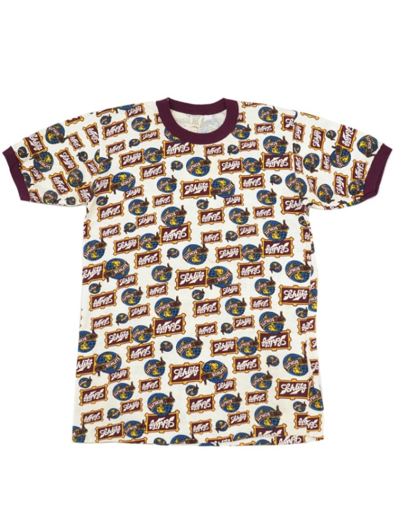 70's SPORTSWEAR ''SCHLITZ'' ビール 総柄Tシャツ 表記(L)