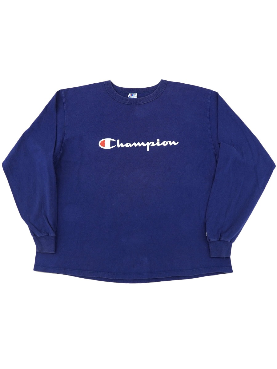 90's チャンピオン スクリプトロゴ ロングスリーブTシャツ 群青色 表記(XXL) USA製