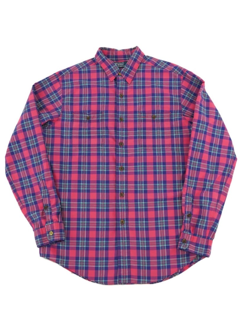 ラルフローレン 100%COTTON ピンクマドラス L/Sシャツ 表記(L)