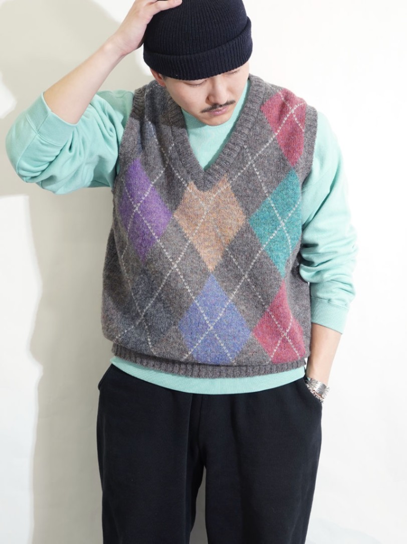 アイルランド製 LORD JEFF アーガイル柄 シェットランドウールベスト 表記(L)