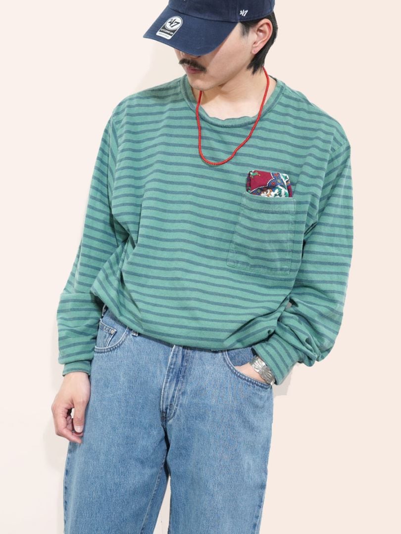 80's EMS 細ボーダー ロングスリーブ ポケットTシャツ 表記(XL) USA製