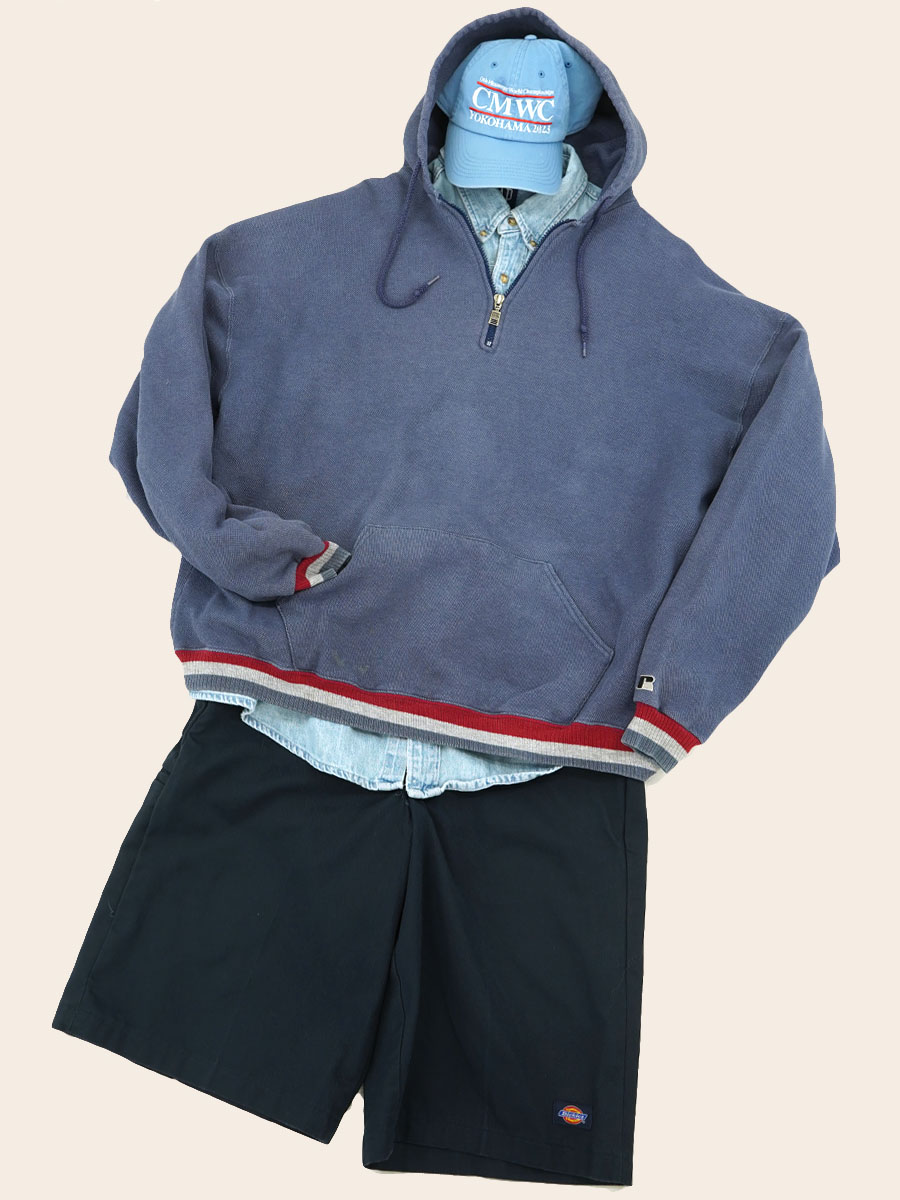 90's RUSSELL ATHLETIC H-Z P/O 鹿の子 無地 リブライン スウェットパーカ 表記(XXL) USA製