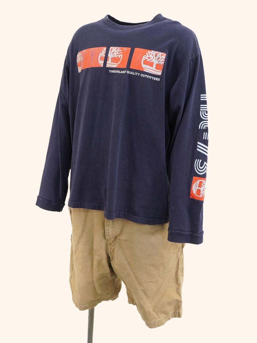 MEXICO製 TIMBERLAND 袖プリント ロングスリーブTシャツ 表記(XL) ネイビー