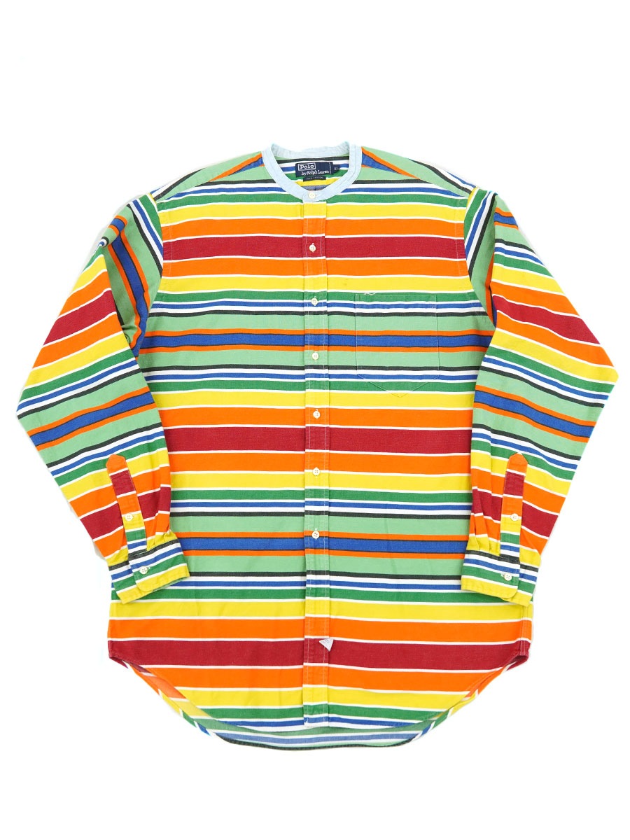 ラルフローレン マルチボーダー 100%コットン ノーカラー L/Sシャツ 表記(XL)