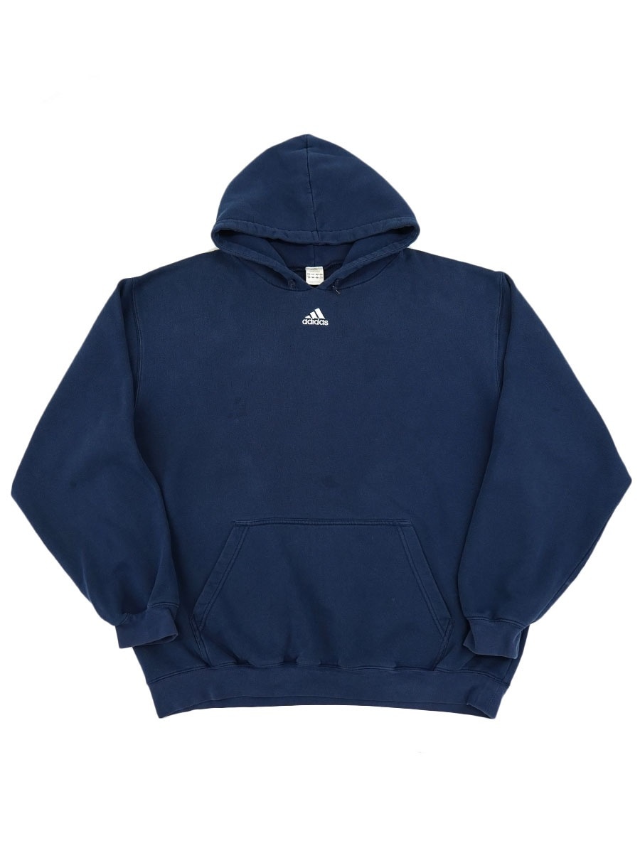 00's adidas センター刺繍ロゴ スウェットパーカー ネイビー 表記(2XL)
