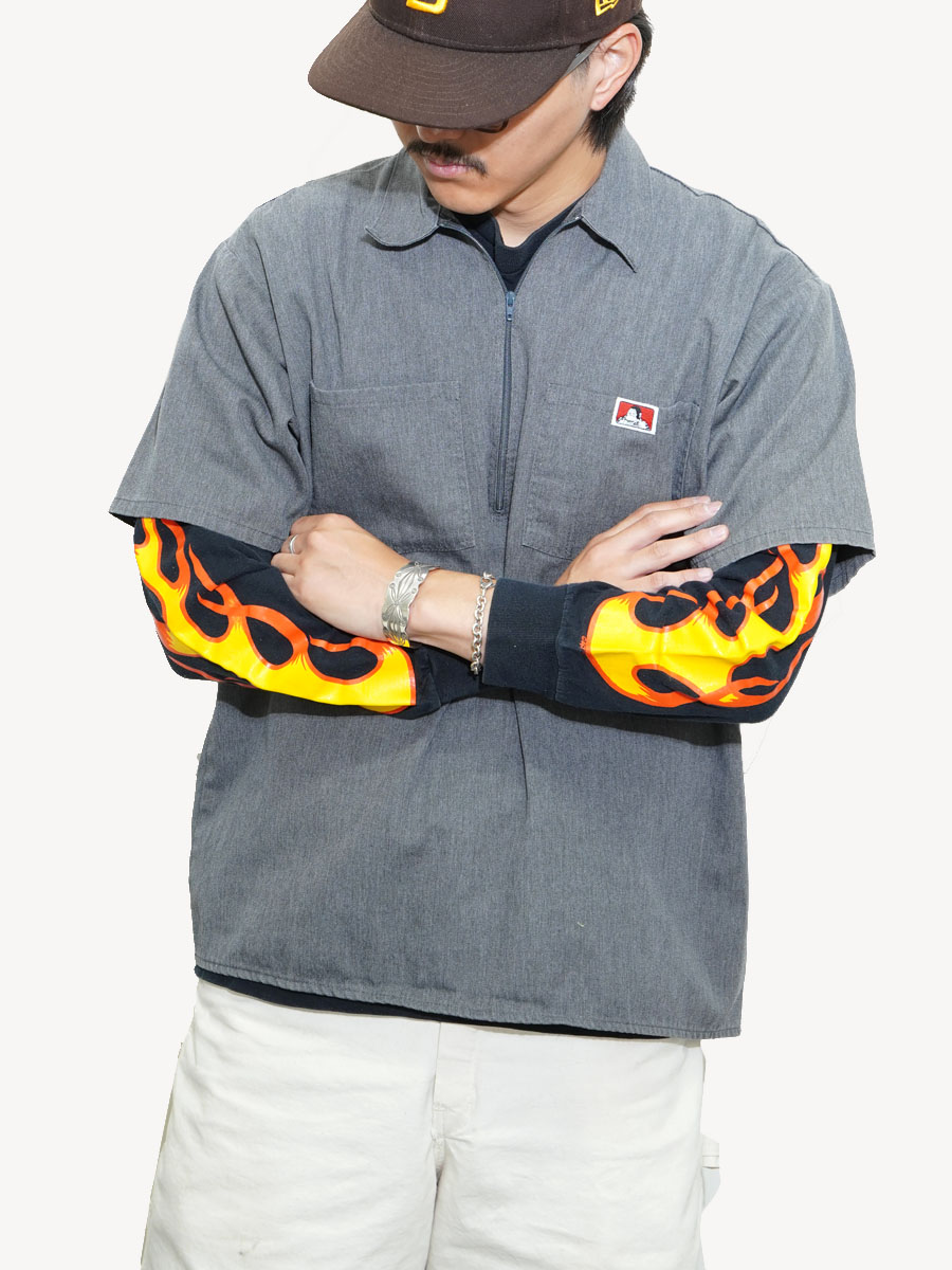 USA製 BEN DAVIS ハーフジップ半袖シャツ 表記(L) チャコールグレー