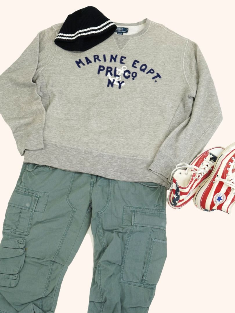 ラルフローレン ''MARINE EQPT.'' フェルトプリント 前Vスウェット 表記(XXL) アンカーマーク